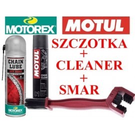 Zestaw Motorex Off Road Fully Synthetic smar do łańcucha + Motul C1 środek do czyszczenia + szczotka